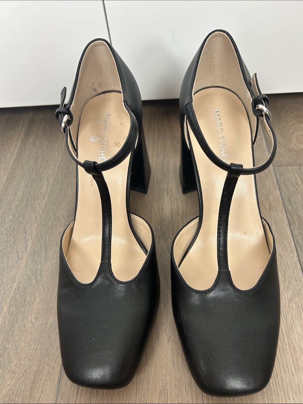 Marc Fisher Black T-Strap Square Toe Block Heels